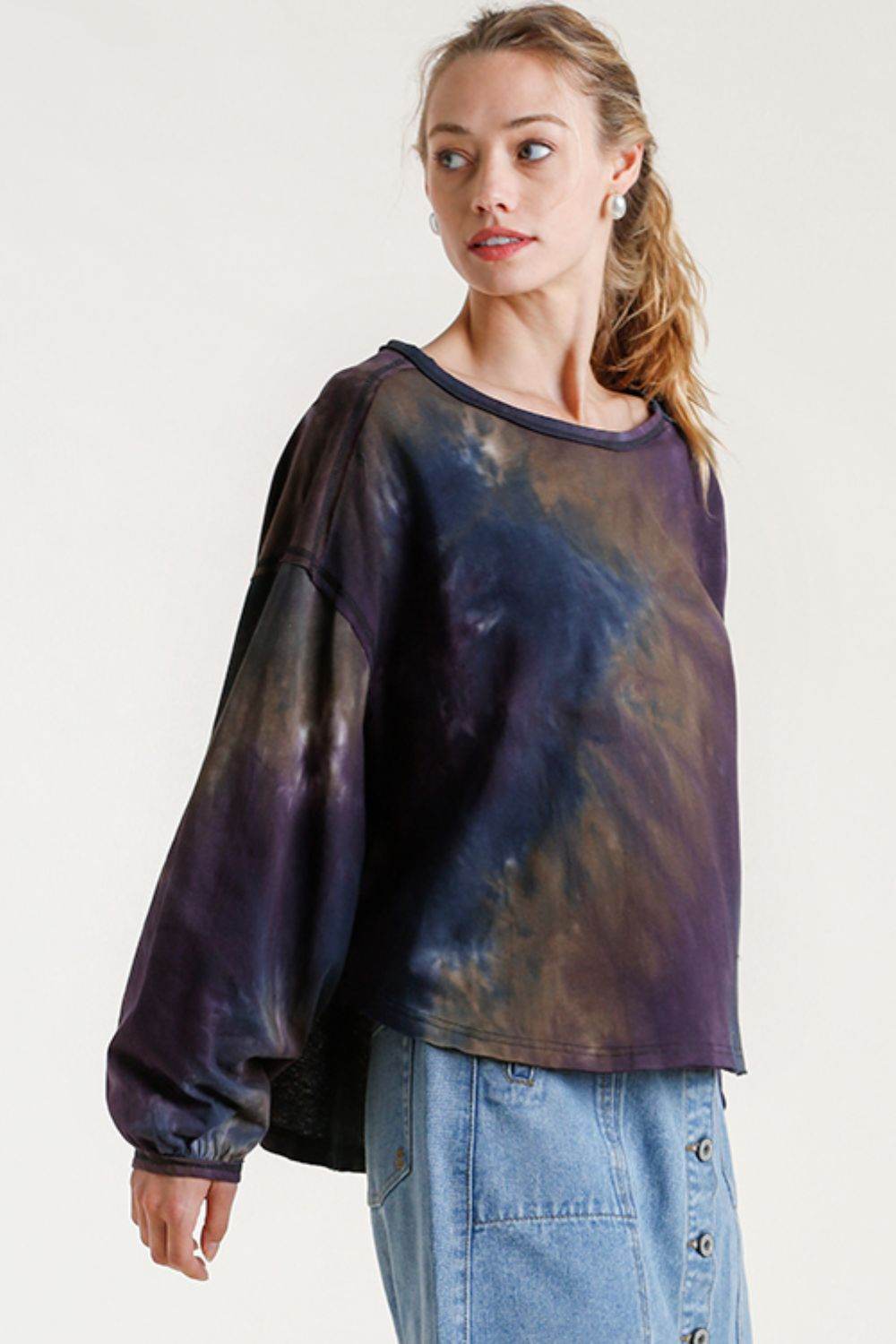 Umgee Full Size Tie Dye Round Neck Long Balloon Sleeve Top Plus Size - Shop Style & More | Fresh Looks, Everyday Deals & Free Shipping