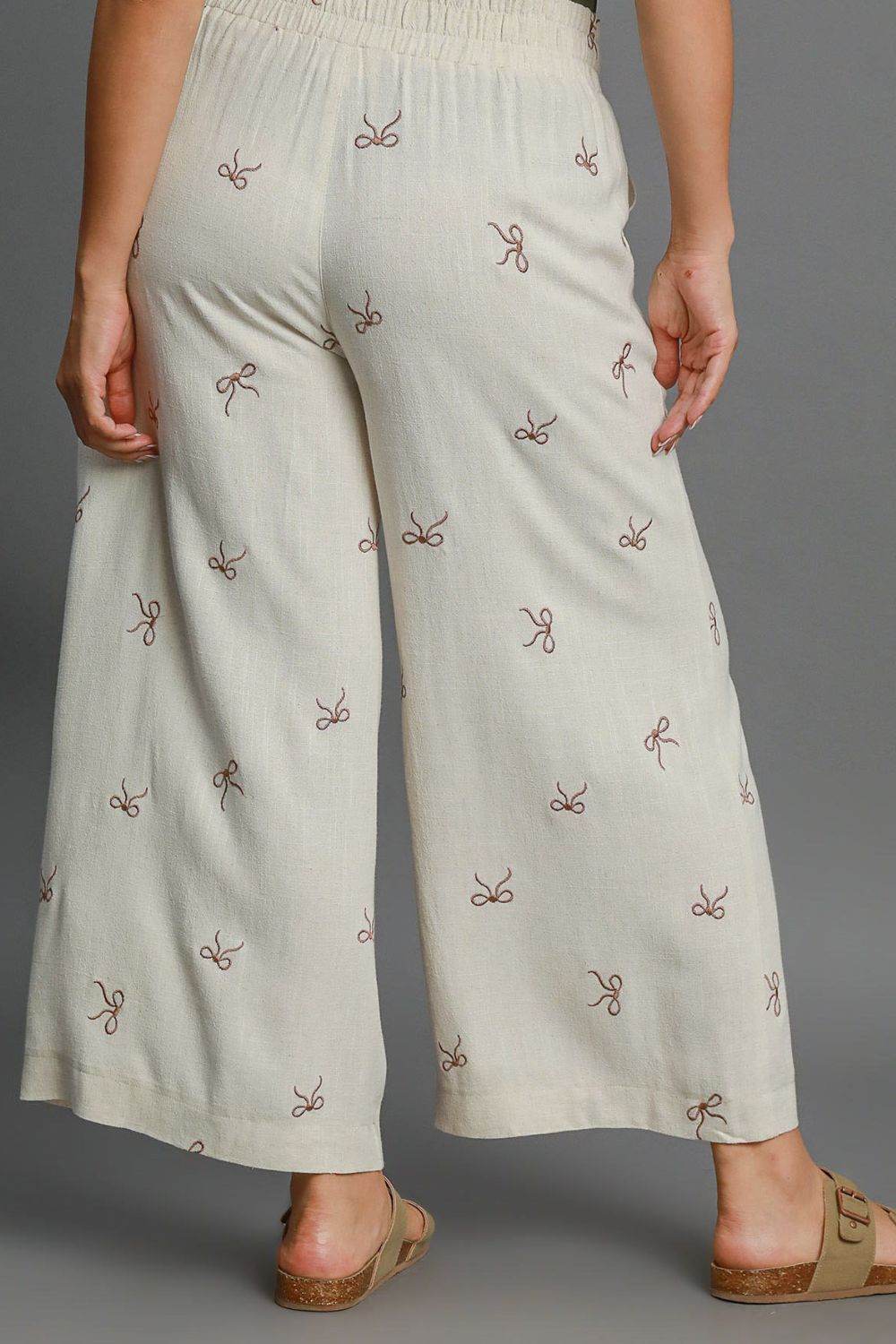 Umgee Full Size Lace Drawstring Embroidered Bow Wide Leg Pants Plus Size - Shop Style & More | Fresh Looks, Everyday Deals & Free Shipping
