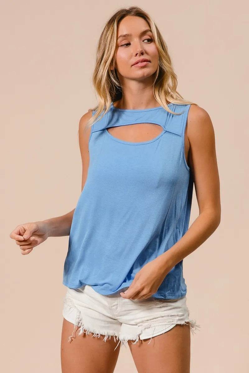 BiBi Rayon Span Knit With Cut Out Front Sleeveless Top - Shop Style & More | Fresh Looks, Everyday Deals & Free Shipping