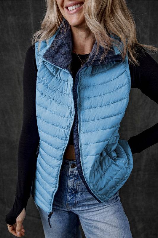 Sky Blue Plush Collared Quilted Zipped Puffer Vest - Shop Style & More | Fresh Looks, Everyday Deals & Free Shipping