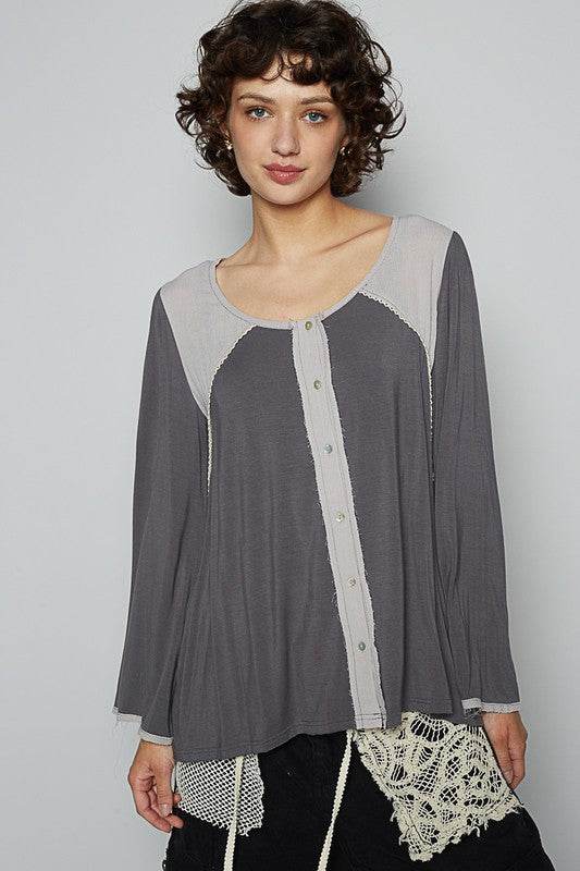 POL Contrast Button Front Long Sleeve Knit Top - Shop Style & More | Fresh Looks, Everyday Deals & Free Shipping