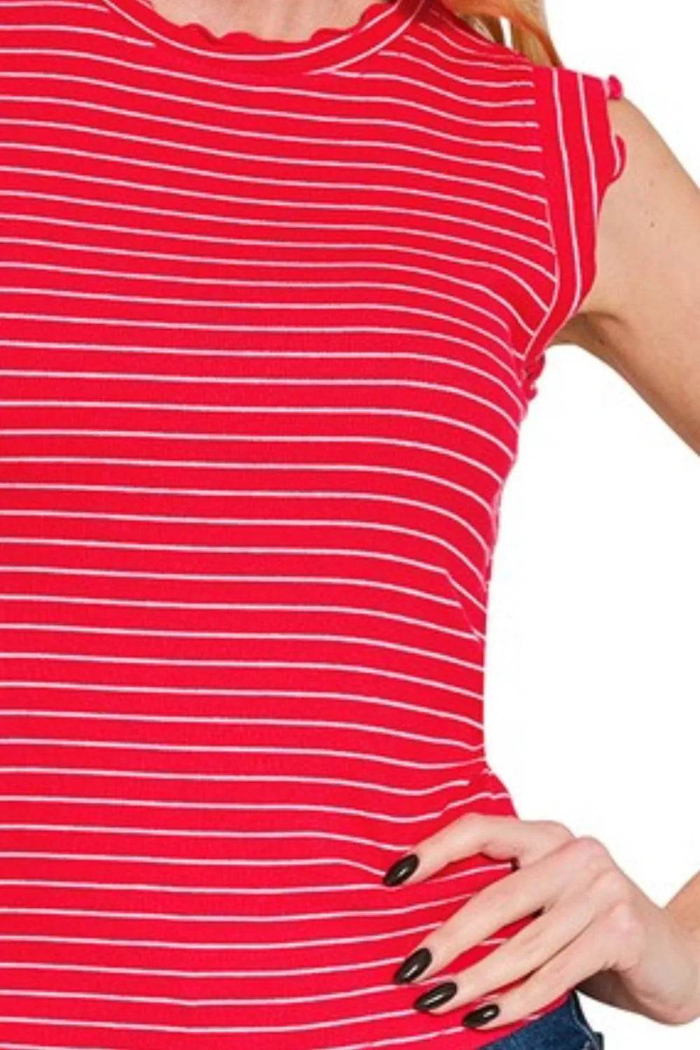 Zenana Ribbed Ruffle Trim Sleeveless Stripe Top - Shop Style & More | Fresh Looks, Everyday Deals & Free Shipping