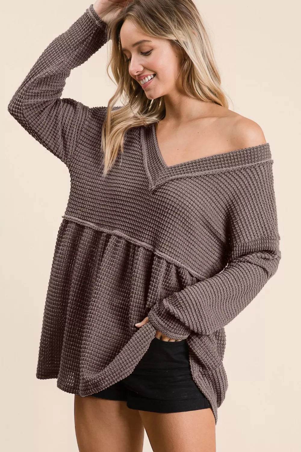 BiBi Waffle Knit V-Neck Babydoll Blouse - Shop Style & More | Fresh Looks, Everyday Deals & Free Shipping