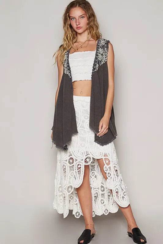 POL Embroidered Pearls Open Front Sleeveless Cardigan - Shop Style & More | Fresh Looks, Everyday Deals & Free Shipping