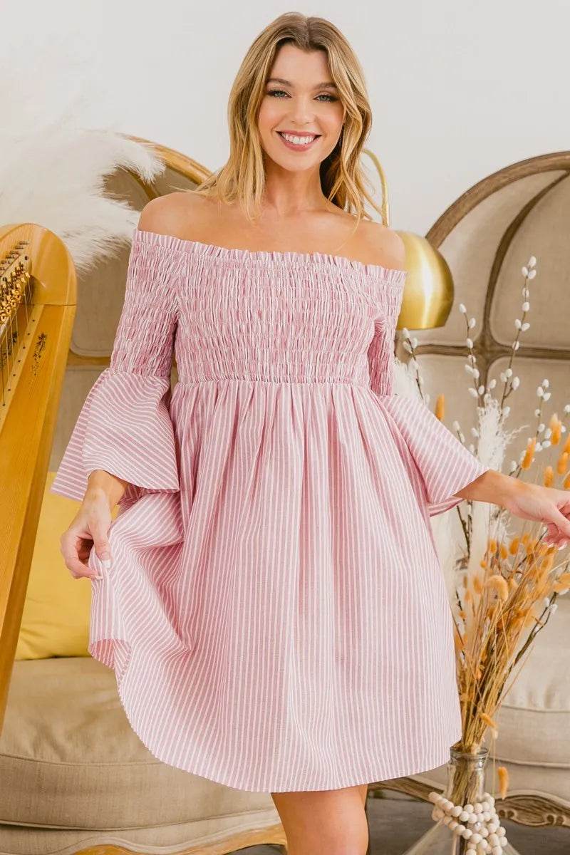 BiBi Smocked Off Shoulder Striped Dress - Shop Style & More | Fresh Looks, Everyday Deals & Free Shipping