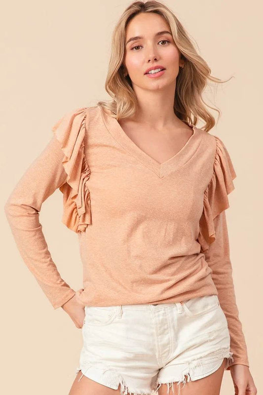 BiBi Triblend V Neck Top with Shoulder Shrring Detail - Shop Style & More | Fresh Looks, Everyday Deals & Free Shipping