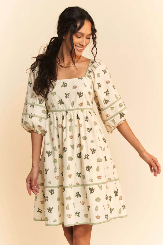 Davi & Dani Cactus Printed Poplin Contrast Piping Mini Dress - Shop Style & More | Fresh Looks, Everyday Deals & Free Shipping