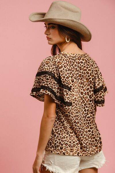 BiBi Leopard Crochet Trim Round Neck Short Sleeve Top - Shop Style & More | Fresh Looks, Everyday Deals & Free Shipping