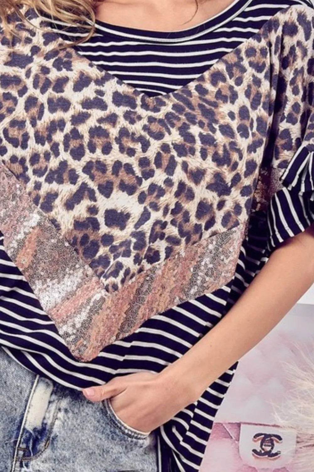 BiBi Stripe Rayon Span Knit Color Block Top With Leopard - Shop Style & More | Fresh Looks, Everyday Deals & Free Shipping