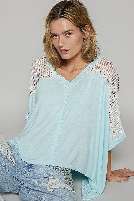 POL Oversize V-Neck Crochet Lace Contrast Studded Top - Shop Style & More | Fresh Looks, Everyday Deals & Free Shipping