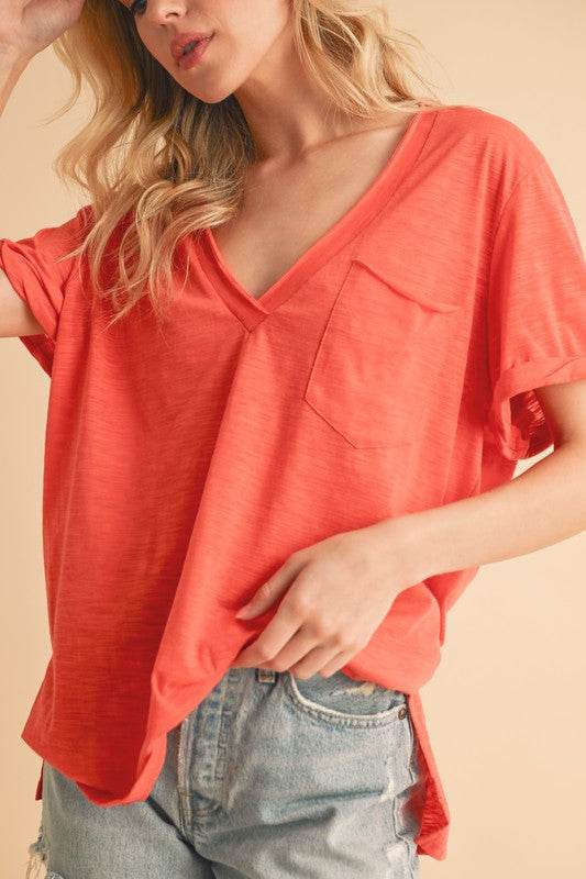 Aemi + Co Side Slit V-Neck Short Rolled Sleeve T-Shirt - Shop Style & More | Fresh Looks, Everyday Deals & Free Shipping
