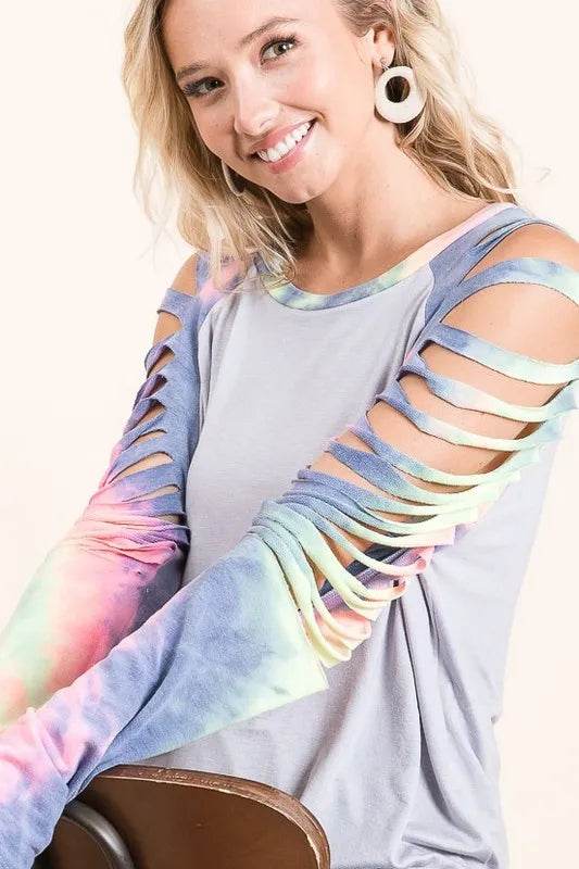 BiBi Jersey Knit Top with Tie Dye Laser Cut Sleeves - Shop Style & More | Fresh Looks, Everyday Deals & Free Shipping