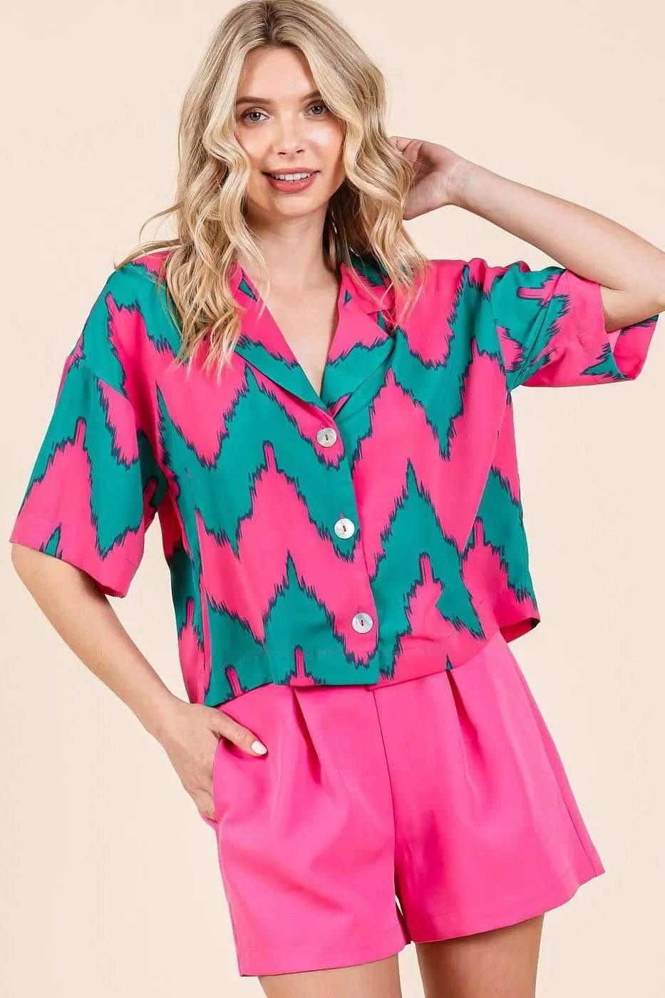 Mittoshop Chevron Print Short Sleeve Crop Shirt - Shop Style & More | Fresh Looks, Everyday Deals & Free Shipping
