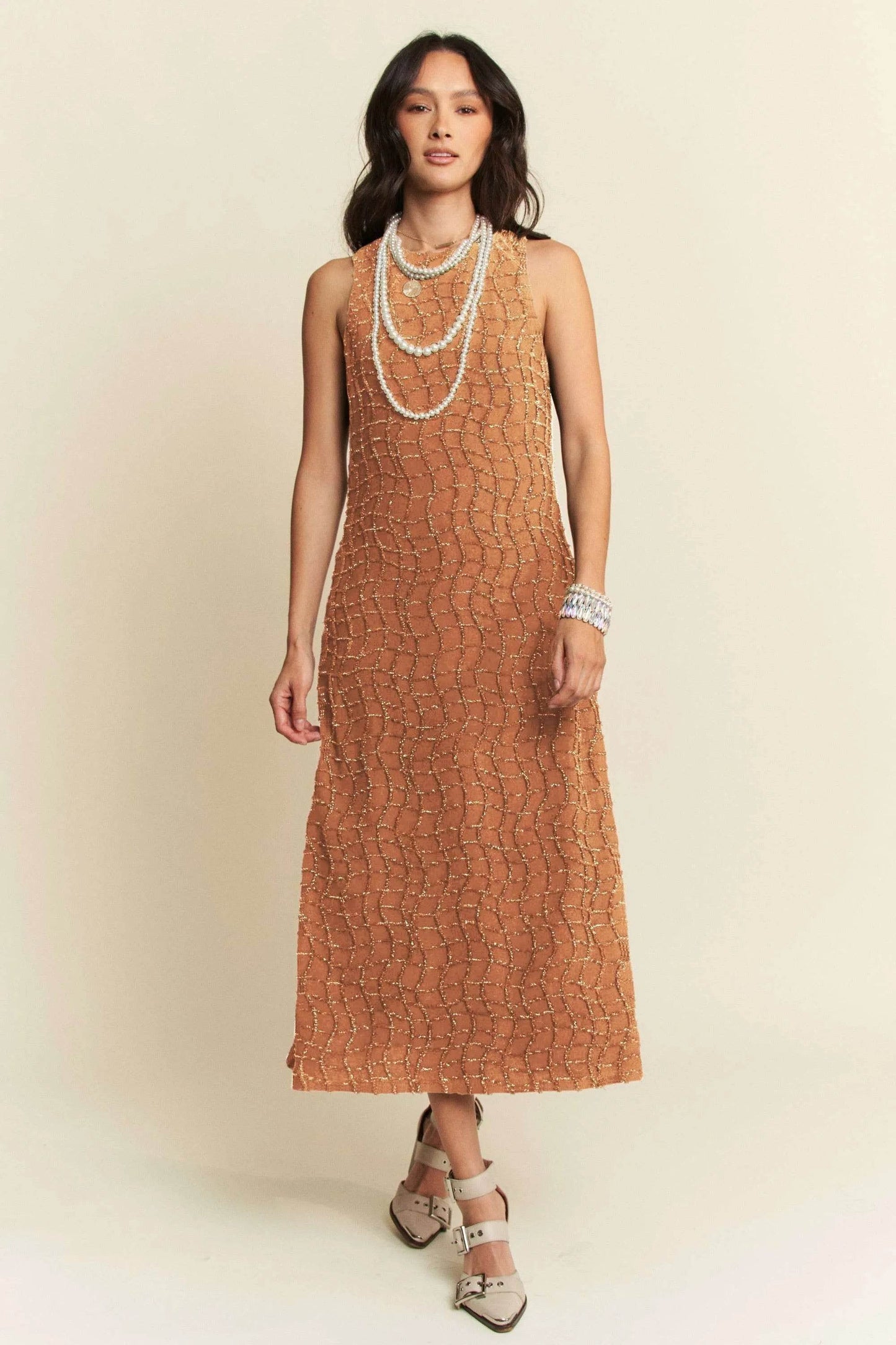 Davi & Dani Golden Textured Zippered Midi Dress - Shop Style & More | Fresh Looks, Everyday Deals & Free Shipping