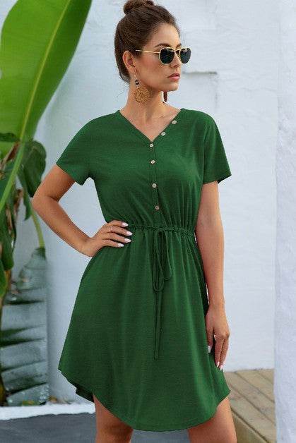 Solid V Neck Button Down Tie Waist Jersey Dress - Shop Style & More | Fresh Looks, Everyday Deals & Free Shipping