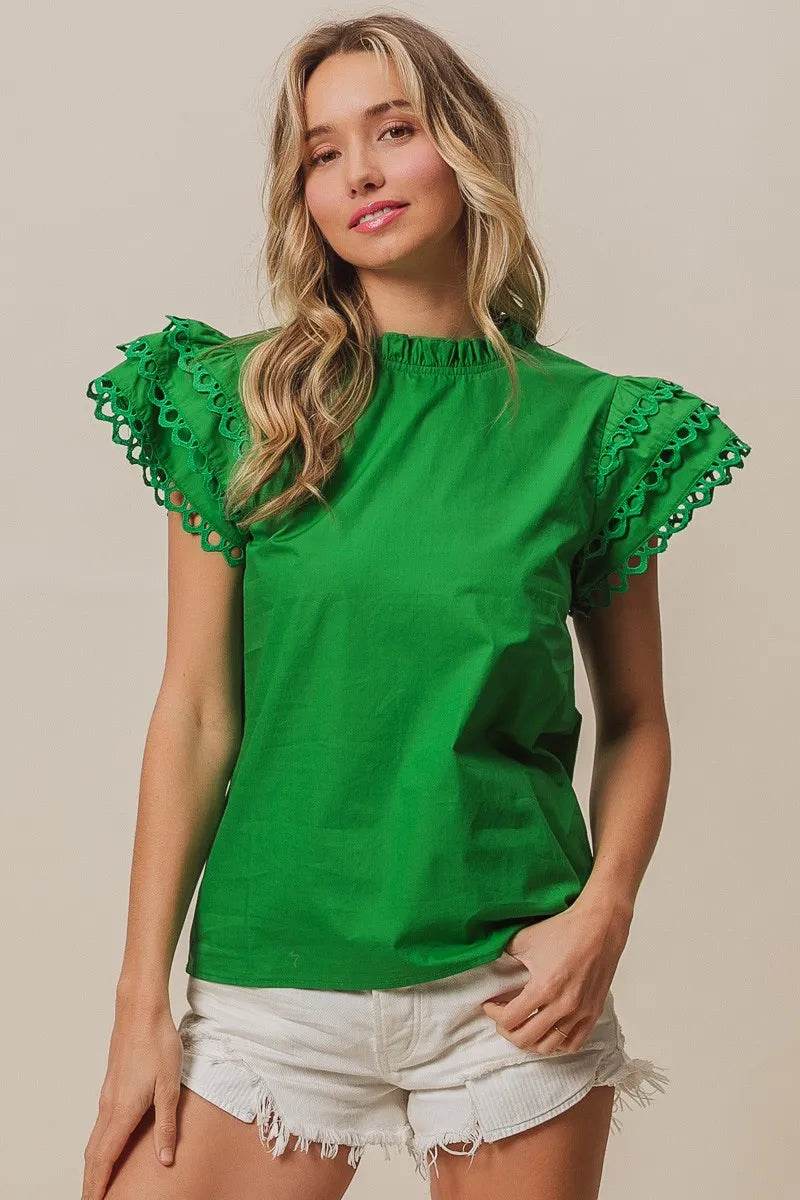 BiBi Solid Woven Circle Trim Ruffle Top - Shop Style & More | Fresh Looks, Everyday Deals & Free Shipping