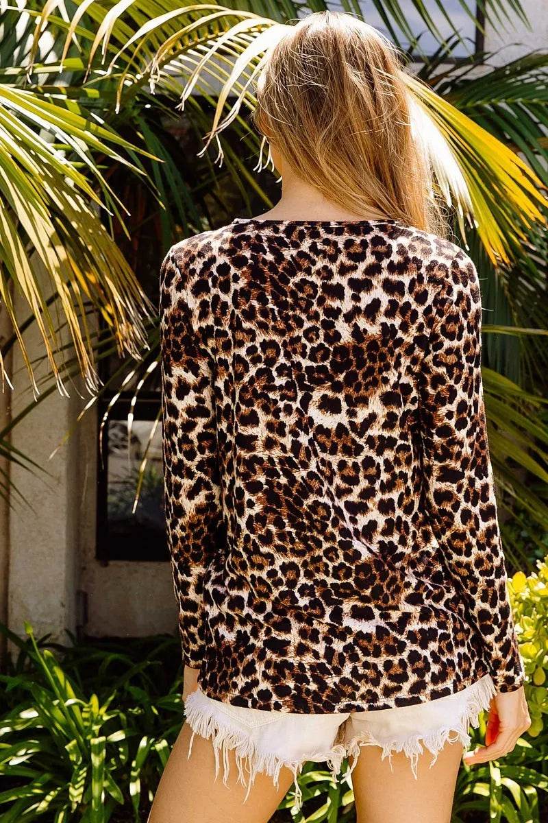 BiBi Leopard Shoulder Slit Long Sleeve Top - Shop Style & More | Fresh Looks, Everyday Deals & Free Shipping