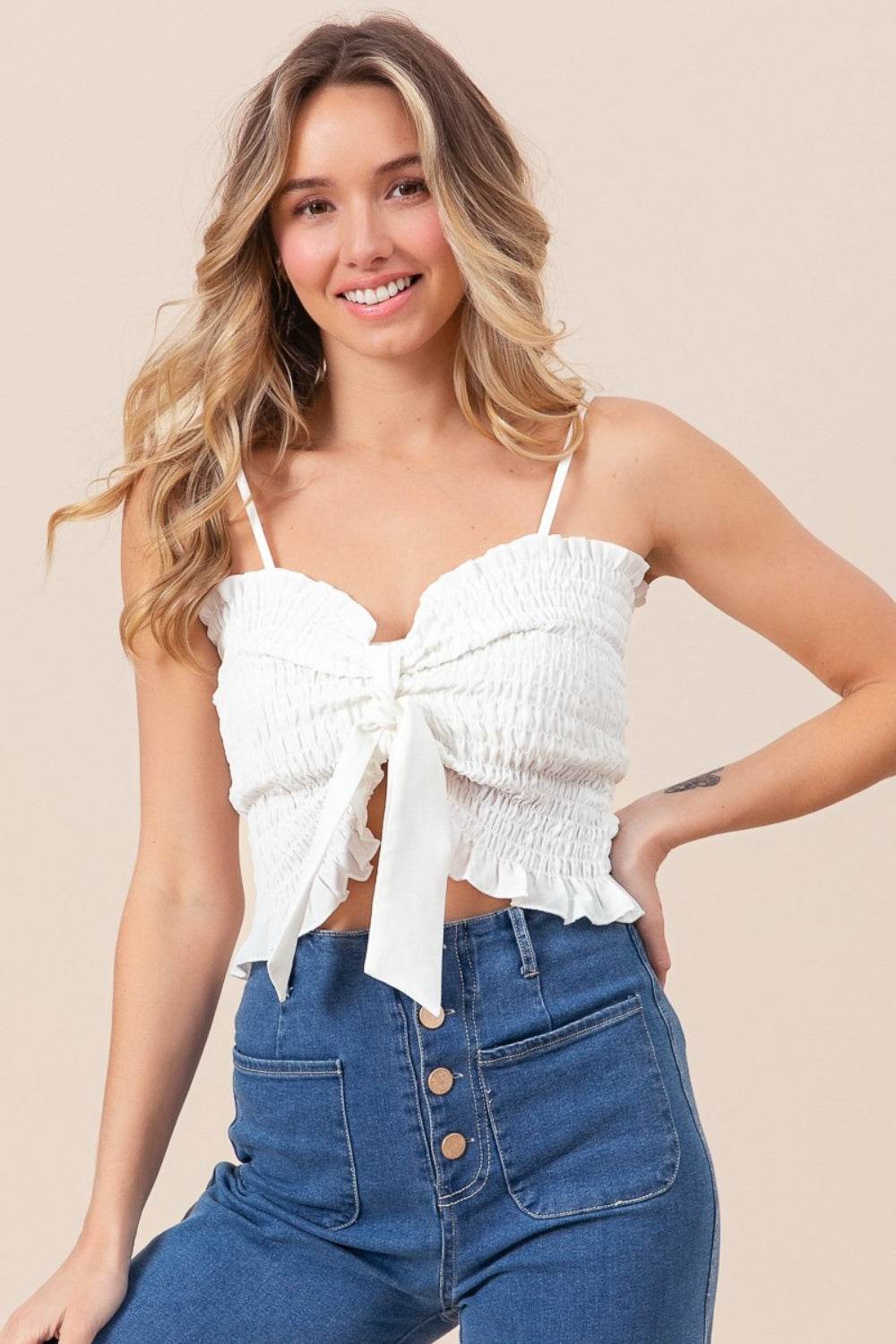 BiBi Ruffled Smocked Ribbon Detail Cami - Shop Style & More | Fresh Looks, Everyday Deals & Free Shipping