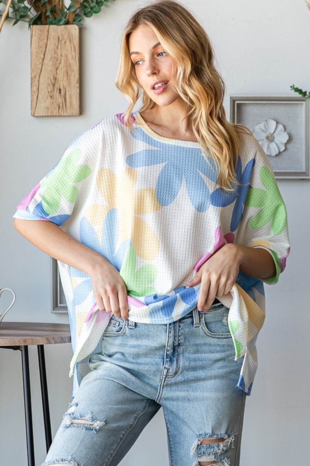HOPELY Floral Round Neck Waffle T-Shirt - Shop Style & More | Fresh Looks, Everyday Deals & Free Shipping