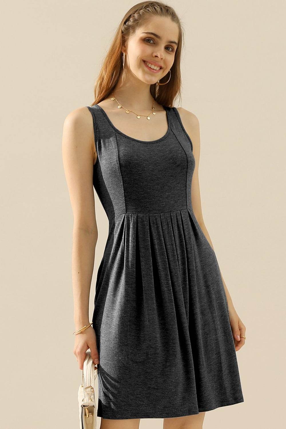 Doublju Full Size Round Neck Ruched Sleeveless Dress with Pockets - Shop Style & More | Fresh Looks, Everyday Deals & Free Shipping