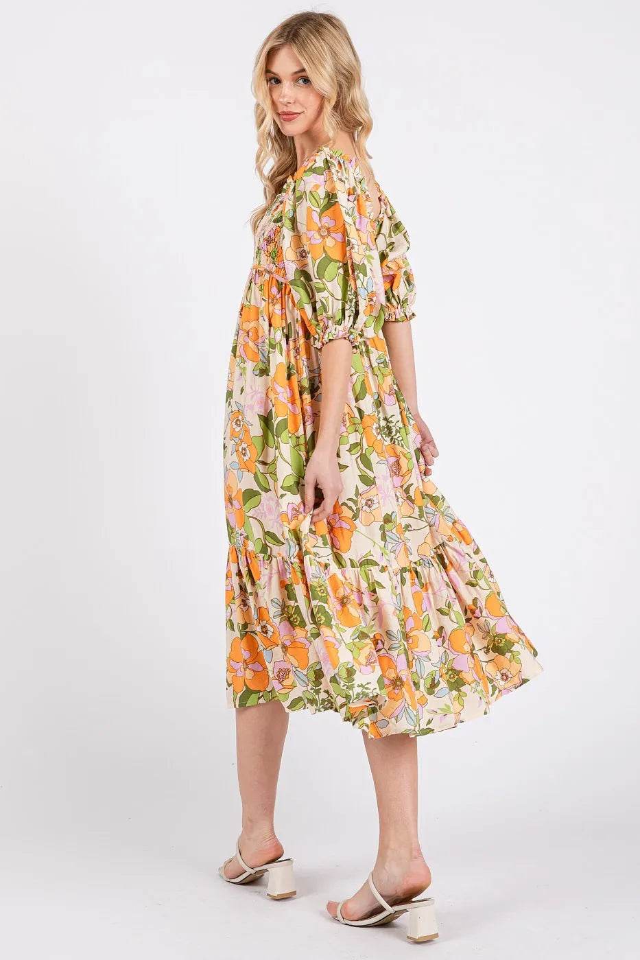 Mittoshop Flower Print Puff Sleeve Ruffle Smocked Midi Dress - Shop Style & More | Fresh Looks, Everyday Deals & Free Shipping