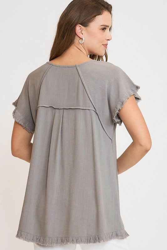 Umgee Full Size Seam Detail Linen Ruffle Fringe Edge Top Plus Size - Shop Style & More | Fresh Looks, Everyday Deals & Free Shipping