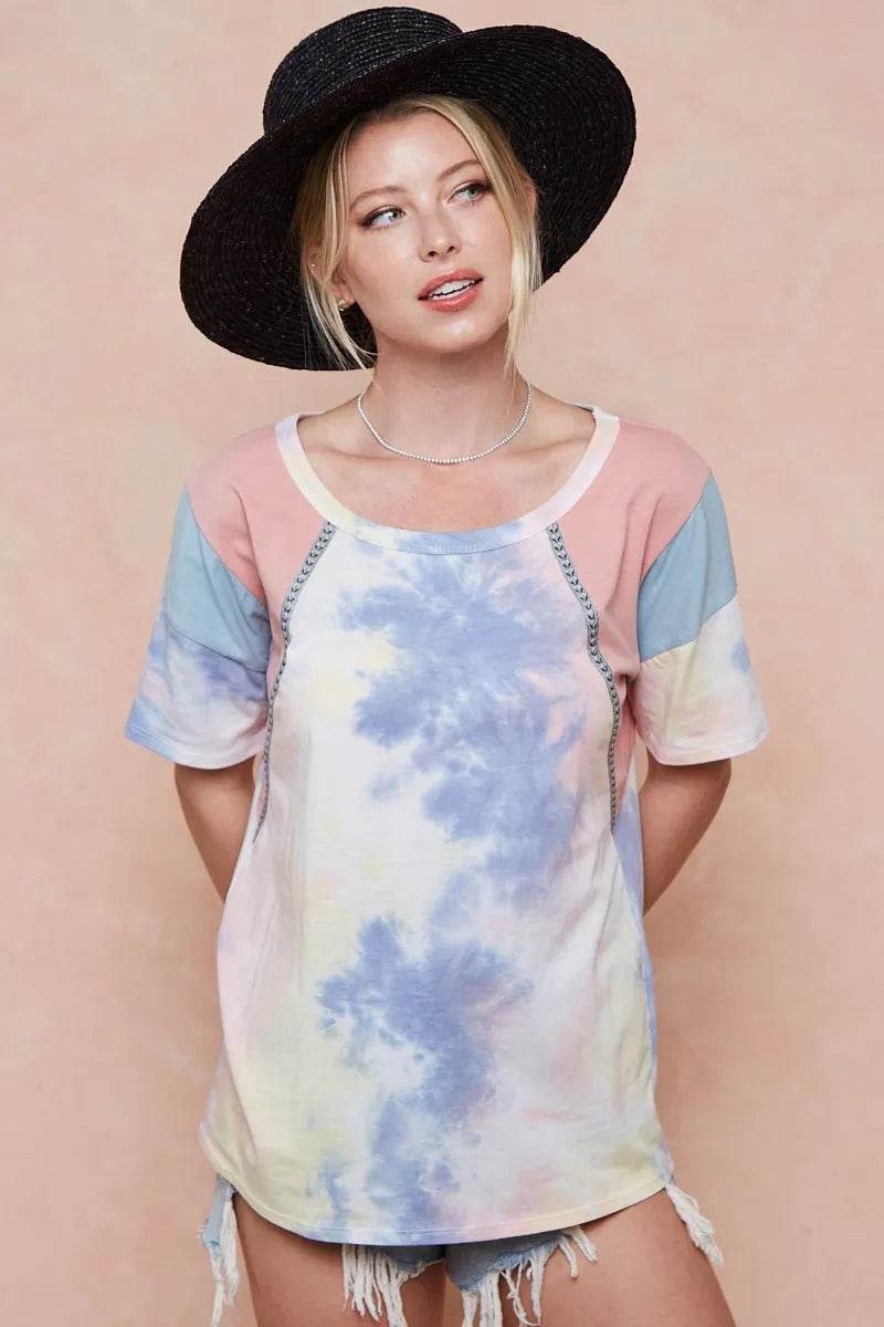 BiBi Tie Dye Printed Cotton Color Block T-Shirt - Shop Style & More | Fresh Looks, Everyday Deals & Free Shipping