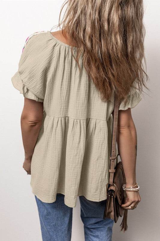 Milana Crinkle Embroidered Patched Bubble Sleeve T - Shop Style & More | Fresh Looks, Everyday Deals & Free Shipping