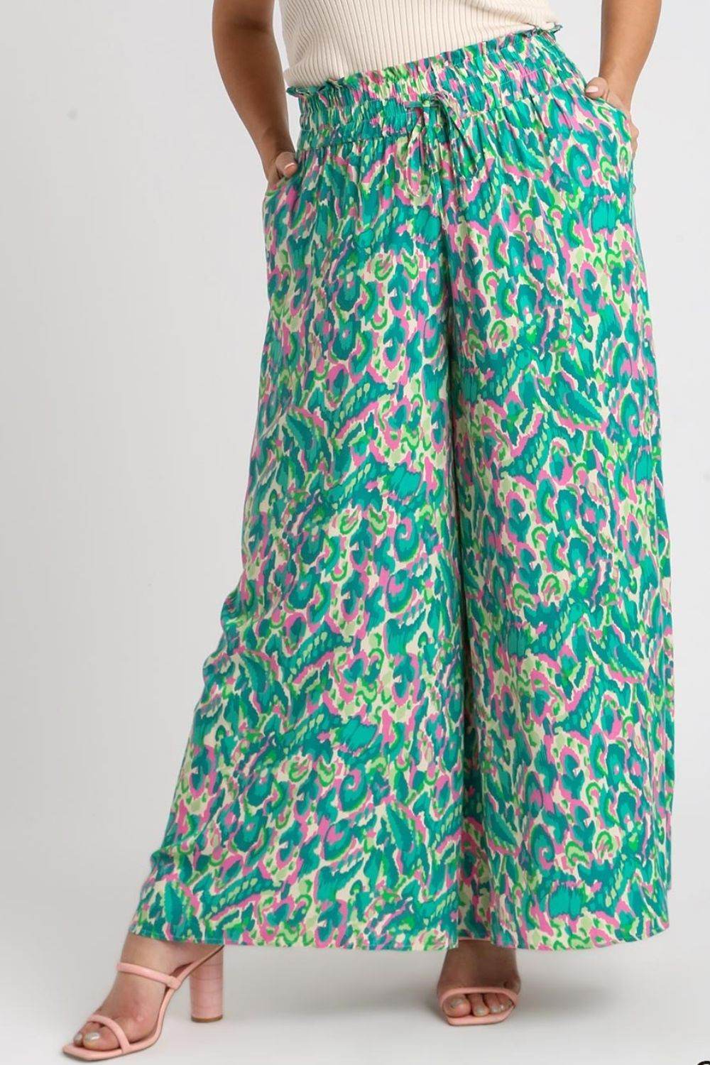 Umgee Full Size Mixed Print High Waist Wide Leg Pants Plus Size - Shop Style & More | Fresh Looks, Everyday Deals & Free Shipping