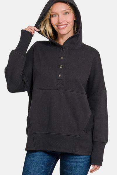 Zenana Half Snap Long Sleeve Hoodie with Kangaroo Pocket - Shop Style & More | Fresh Looks, Everyday Deals & Free Shipping