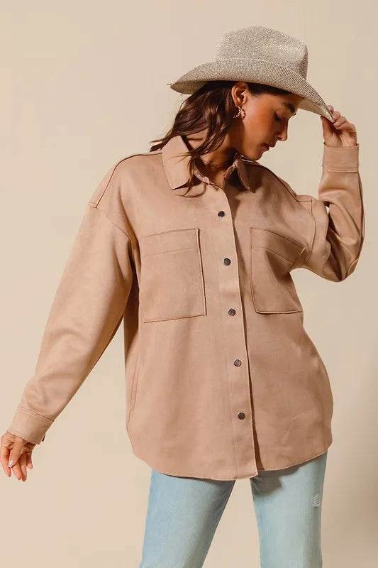 SO ME Faux Sued Snap Shacket with Collar and Pockets - Shop Style & More | Fresh Looks, Everyday Deals & Free Shipping