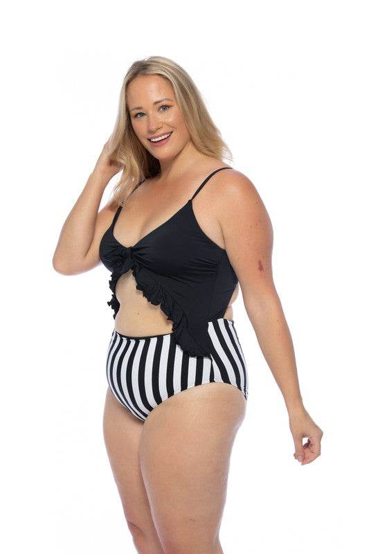BLACK AND STRIPED CUTOUT ONE PIECE SWIMSUIT - Shop Style & More | Fresh Looks, Everyday Deals & Free Shipping