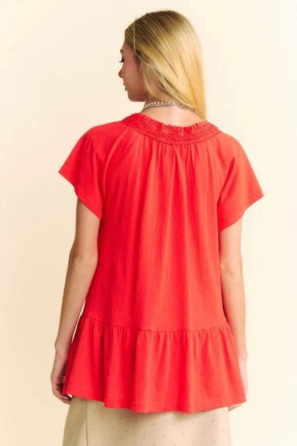 Davi & Dani Solid Lace Trim Neck Short Sleeve Peplum Top - Shop Style & More | Fresh Looks, Everyday Deals & Free Shipping