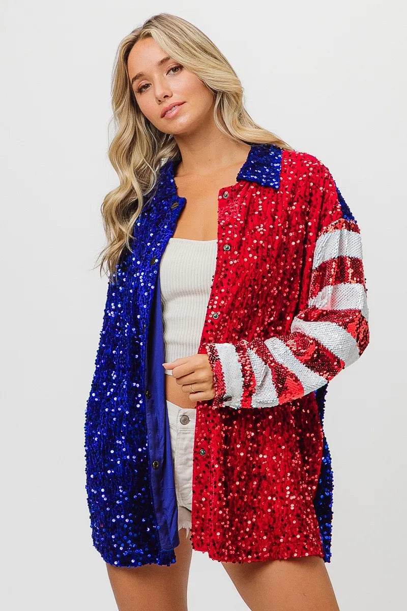 BiBi American Flag Sequin Snap Down Shirt - Shop Style & More | Fresh Looks, Everyday Deals & Free Shipping