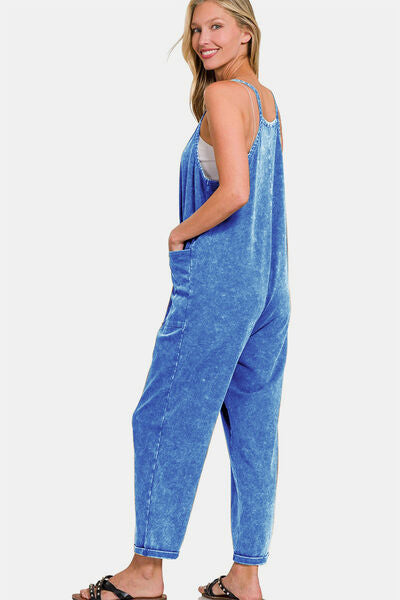 Zenana Washed Spaghetti Straps Overalls with Pockets Jumpsuits