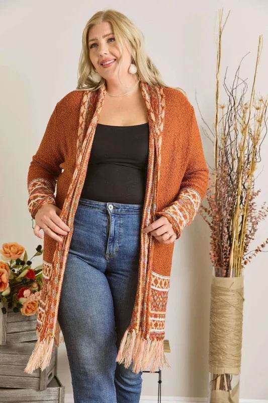 ADORA Full Size Fringe Hem Aztec Border Cardigan Plus Size - Shop Style & More | Fresh Looks, Everyday Deals & Free Shipping