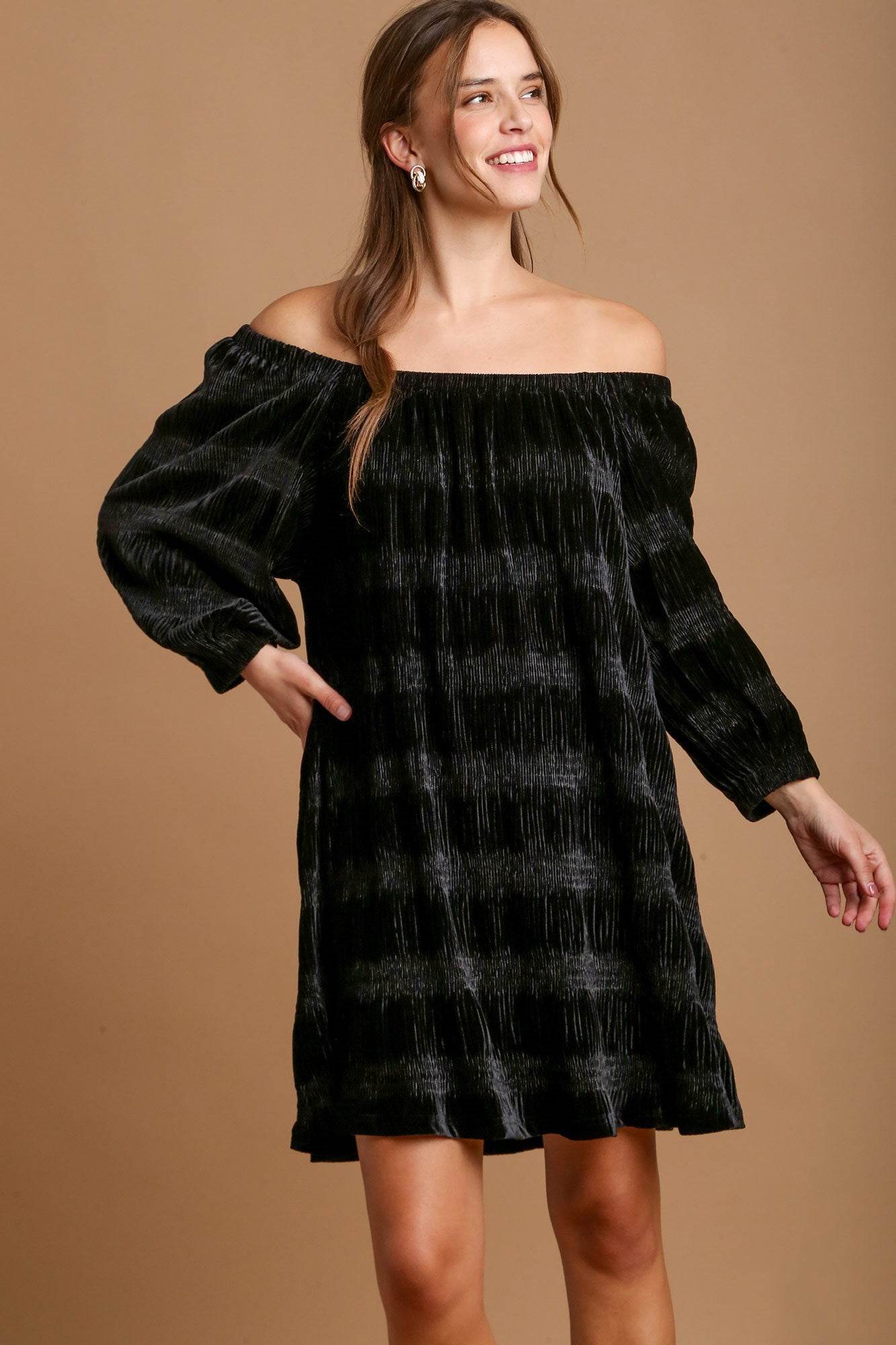 Umgee Off-Shoulder Balloon Sleeve Velvet Mini Dress - Shop Style & More | Fresh Looks, Everyday Deals & Free Shipping