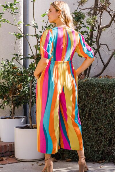 ODDI Striped Puff Sleeve Jumpsuit - Full Size Wide Leg Design Jumpsuits