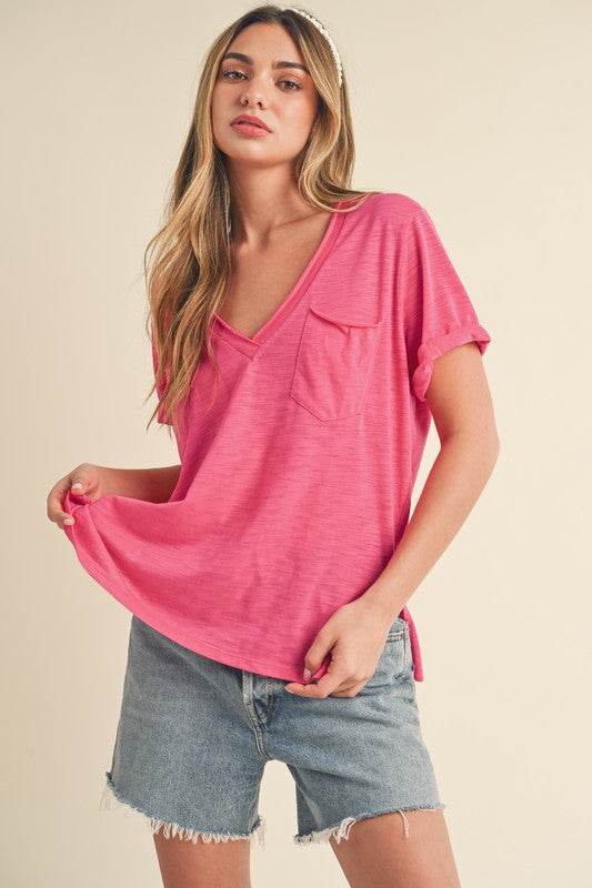 Aemi + Co Side Slit V-Neck Short Rolled Sleeve T-Shirt - Shop Style & More | Fresh Looks, Everyday Deals & Free Shipping