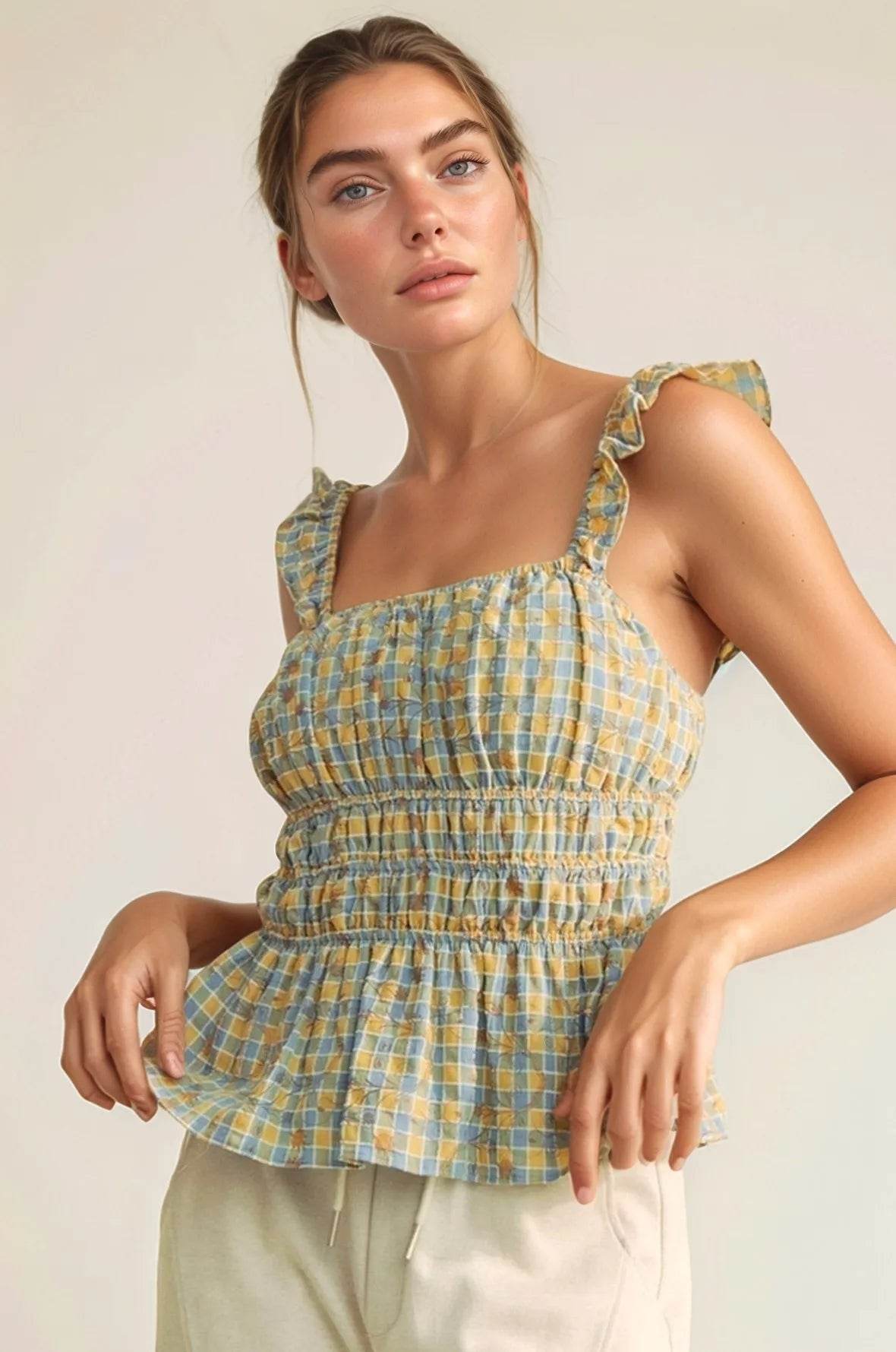 Davi & Dani Plaid Ruffled Strap Smocked Sleeveless Top - Shop Style & More | Fresh Looks, Everyday Deals & Free Shipping