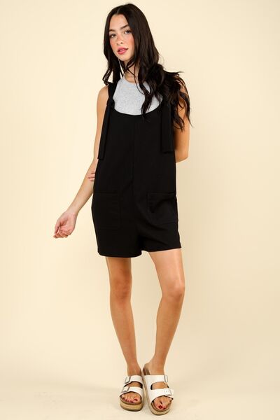 VERY J Tie Shoulder Front Pocket Romper Jumpsuits