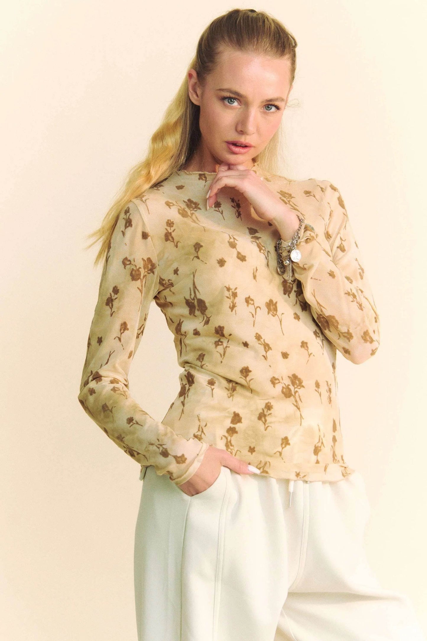 Davi & Dani Floral Mesh Long Sleeve Sheer Layering Top - Shop Style & More | Fresh Looks, Everyday Deals & Free Shipping
