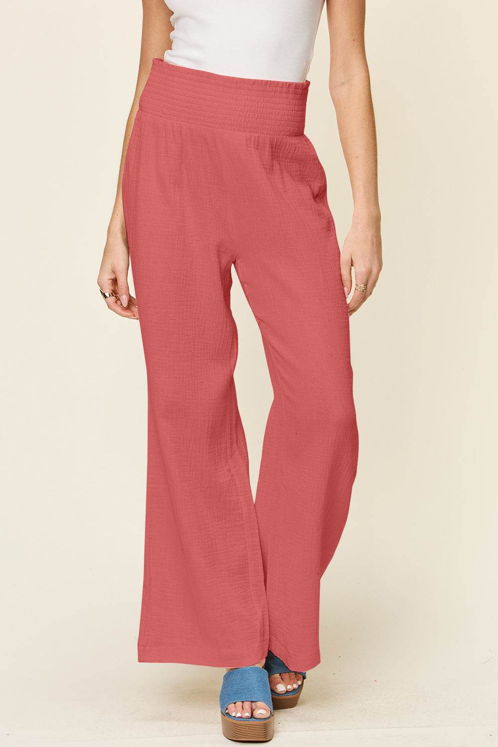 Double Take Full Size Texture Smocked Waist Wide Leg Pants - Shop Style & More | Fresh Looks, Everyday Deals & Free Shipping
