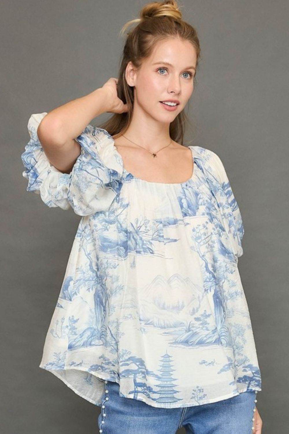 Umgee Full Size Two Tone Toile Print Top Plus Size - Shop Style & More | Fresh Looks, Everyday Deals & Free Shipping
