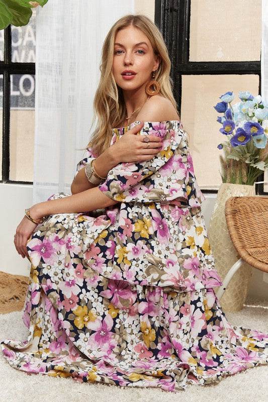 ADORA Layered Floral Off-Shoulder Short Sleeve Maxi Dress - Shop Style & More | Fresh Looks, Everyday Deals & Free Shipping