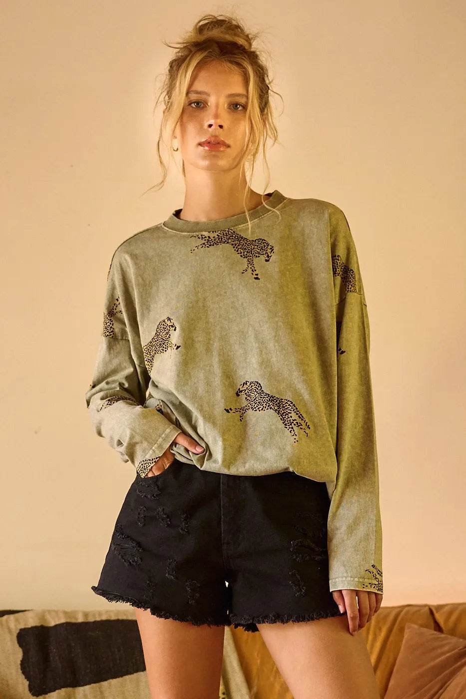 Mittoshop Mineral Wash Cheetah Print Long Sleeve Top - Shop Style & More | Fresh Looks, Everyday Deals & Free Shipping