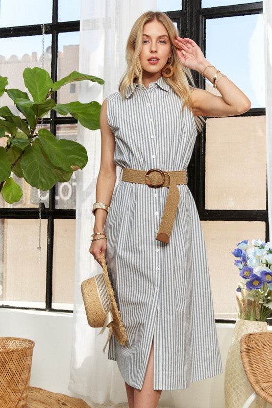 ADORA Striped Button Down Sleeveless Midi Dress - Shop Style & More | Fresh Looks, Everyday Deals & Free Shipping