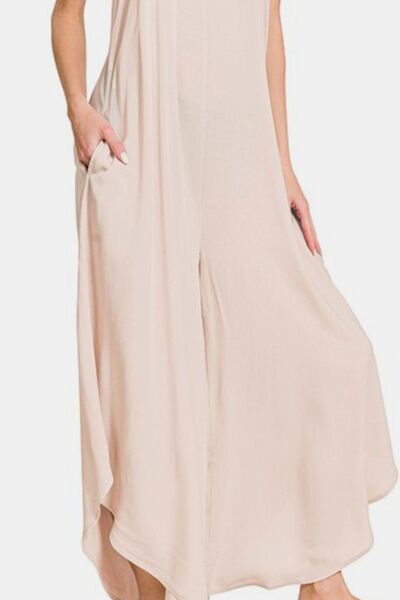 Zenana Spaghetti Strap Wide Leg Overalls with Pockets Jumpsuits