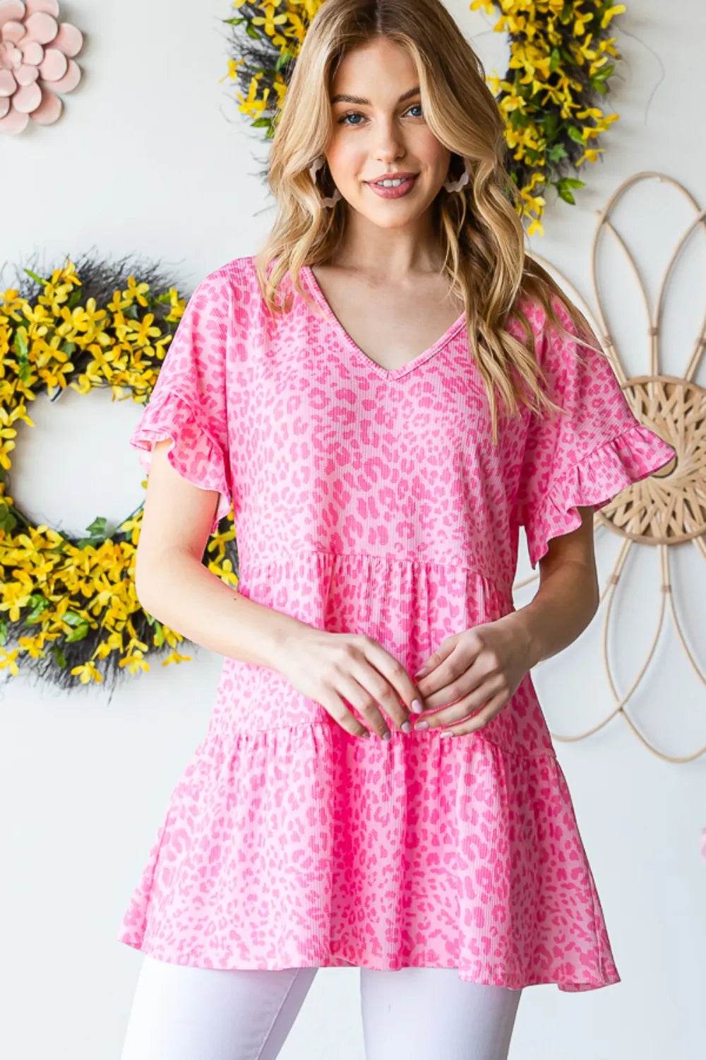 Heimish Full Size Leopard Ruffle Trim Short Sleeve Top - Shop Style & More | Fresh Looks, Everyday Deals & Free Shipping