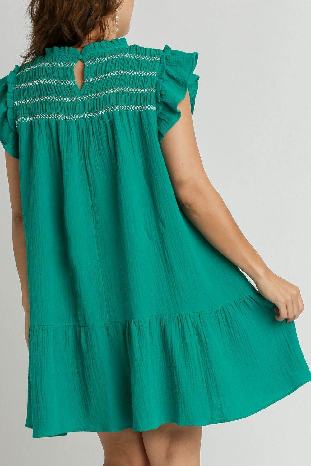 Umgee Full Size Smocked Contrast Stitching Ruffle Cap Sleeve Round Neck Dress Plus Size - Shop Style & More | Fresh Looks, Everyday Deals & Free Shipping